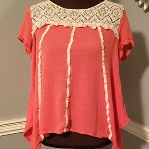 Umgee Coral Blouse with Lace Detail